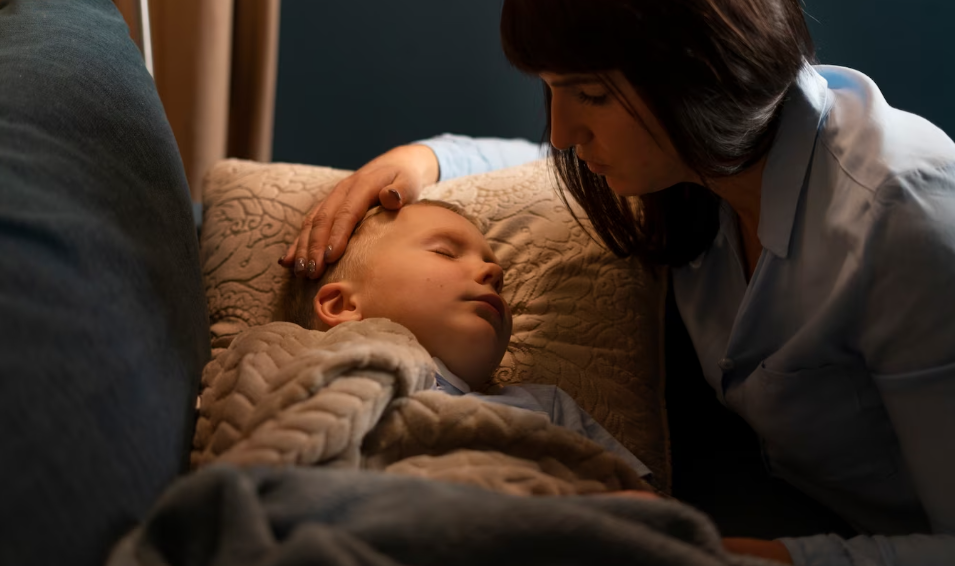 A Mother Touching The Head Of Her Sleeping Son