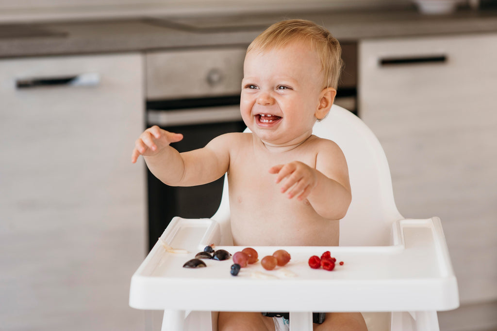 A smiley baby highchair choosing what fruit eat