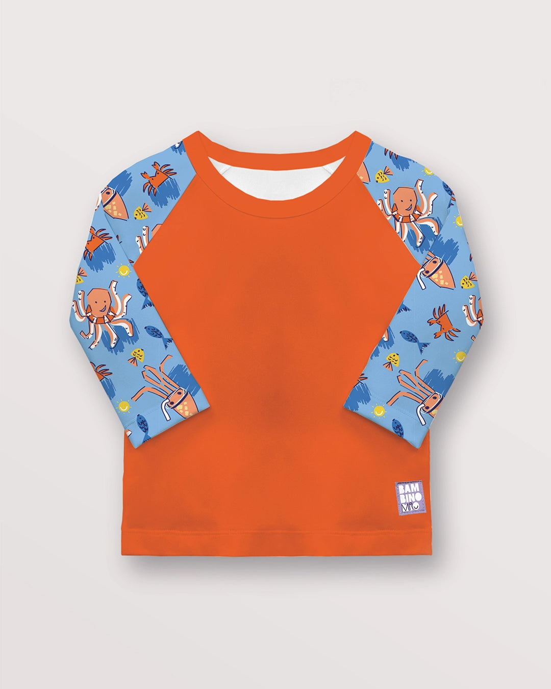 Rash top for babies in fun orange and blue print