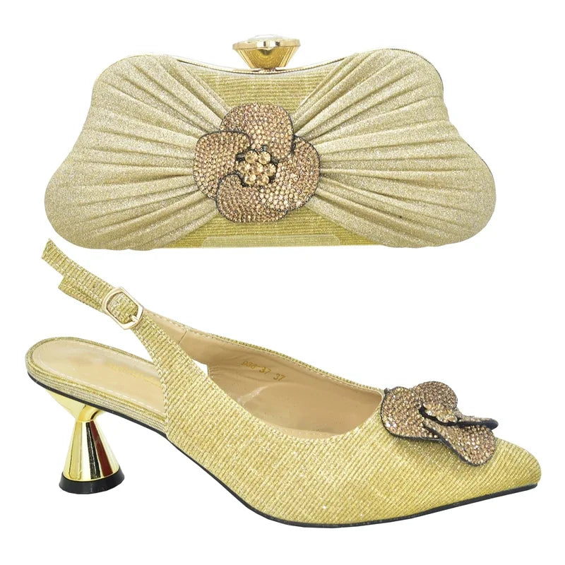 Fashionable Gold Ladies Shoes & Bags Set