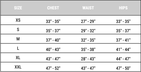 Vuori Apparel Size Chart