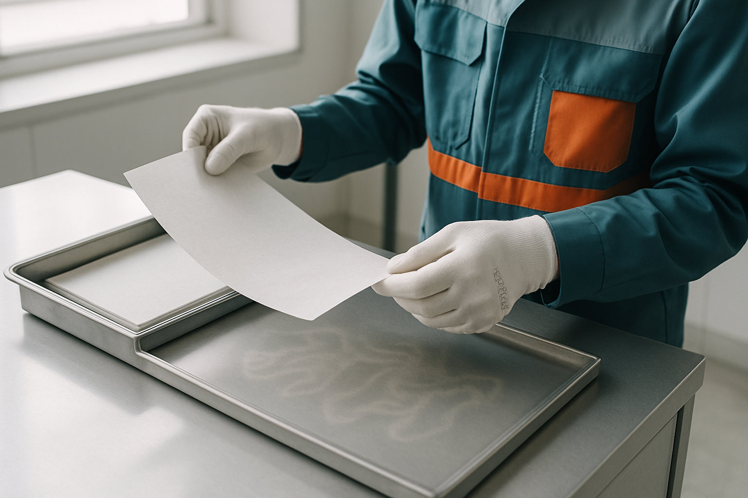 Gloved hands handling textured translucent paper on clean workstation with heat patterns and industrial colors.