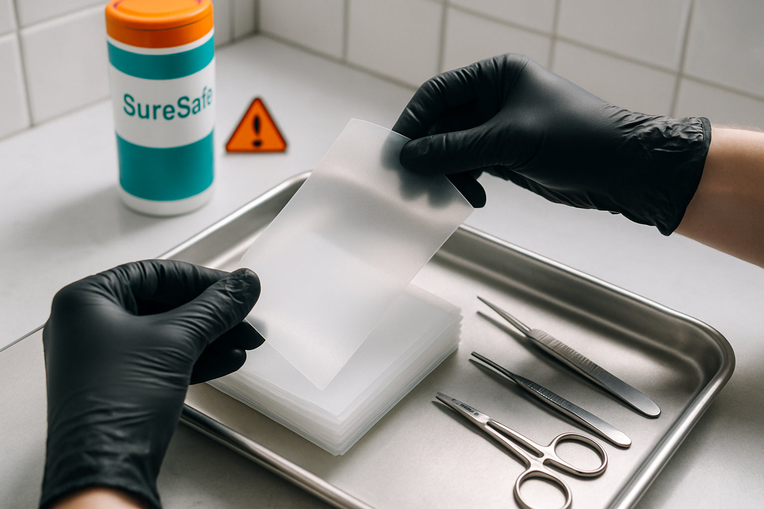 Gloved hands handling translucent sheets on stainless tray in bright, clean, industrial setting.