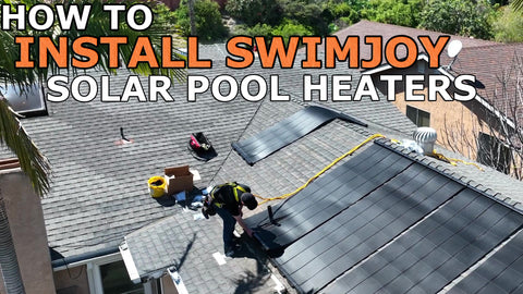 text: how to install SwimJoy solar pool heaters. Image shows installation of solar panels for solar pool heating on a roof