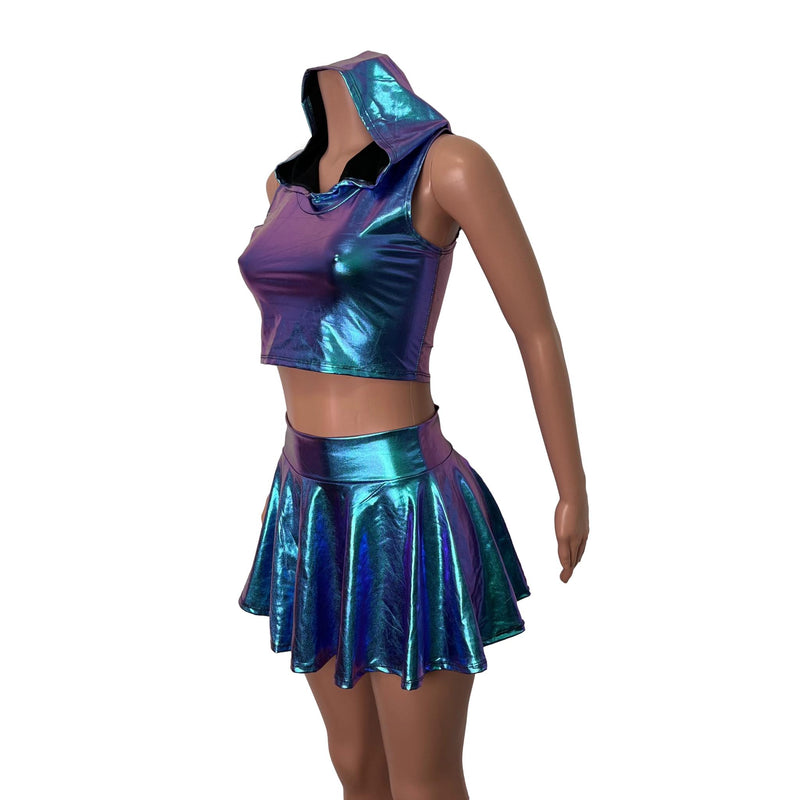 Rave Outfit - Oil Slick Holographic High Waisted Skater Skirt & Sleeve–  Peridot Clothing
