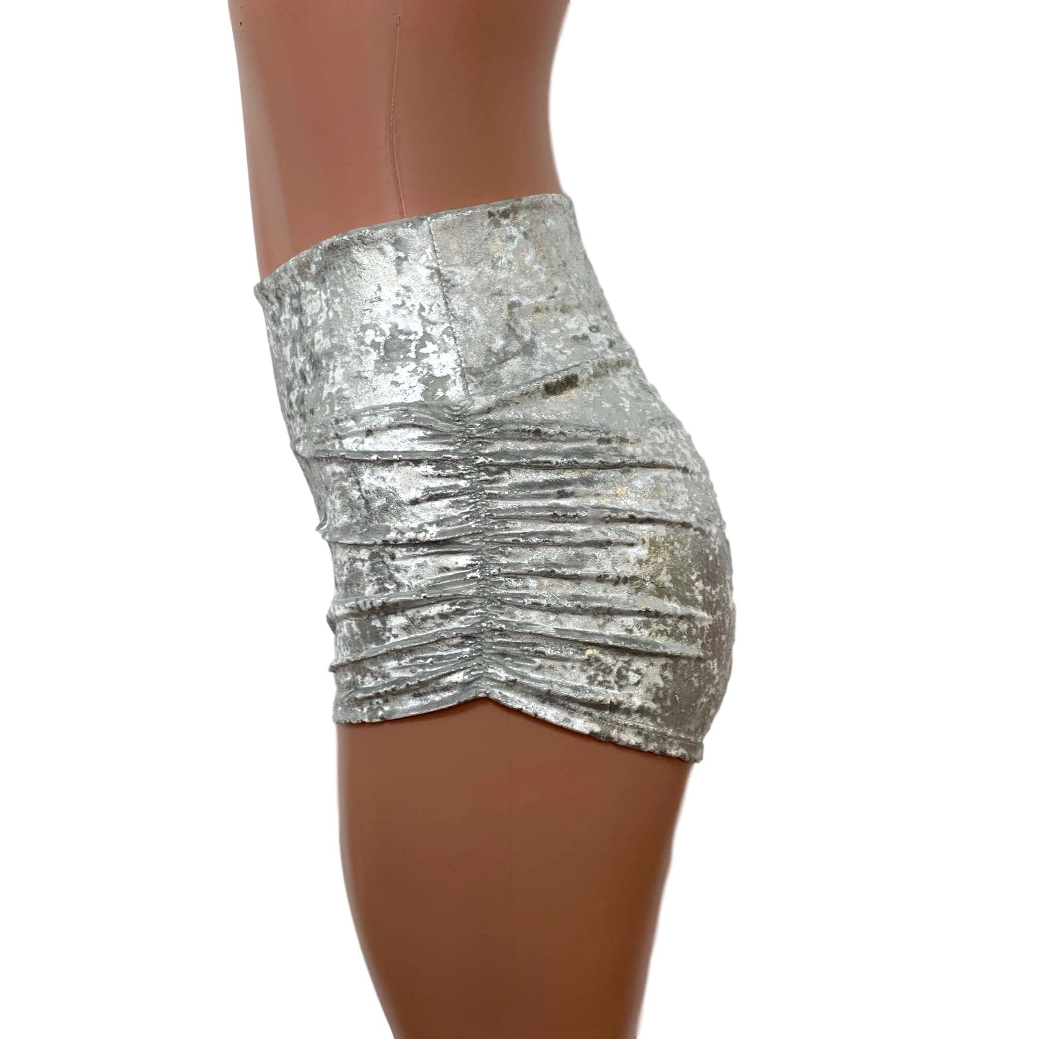 Ruched Booty Shorts - Silver on White Gilded Velvet Scrunch Shorts ...