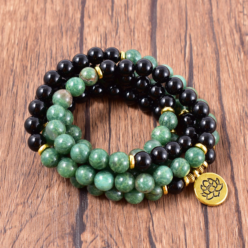 108 Beads Mala Prayer African Jade Black Onyx Beads Necklace