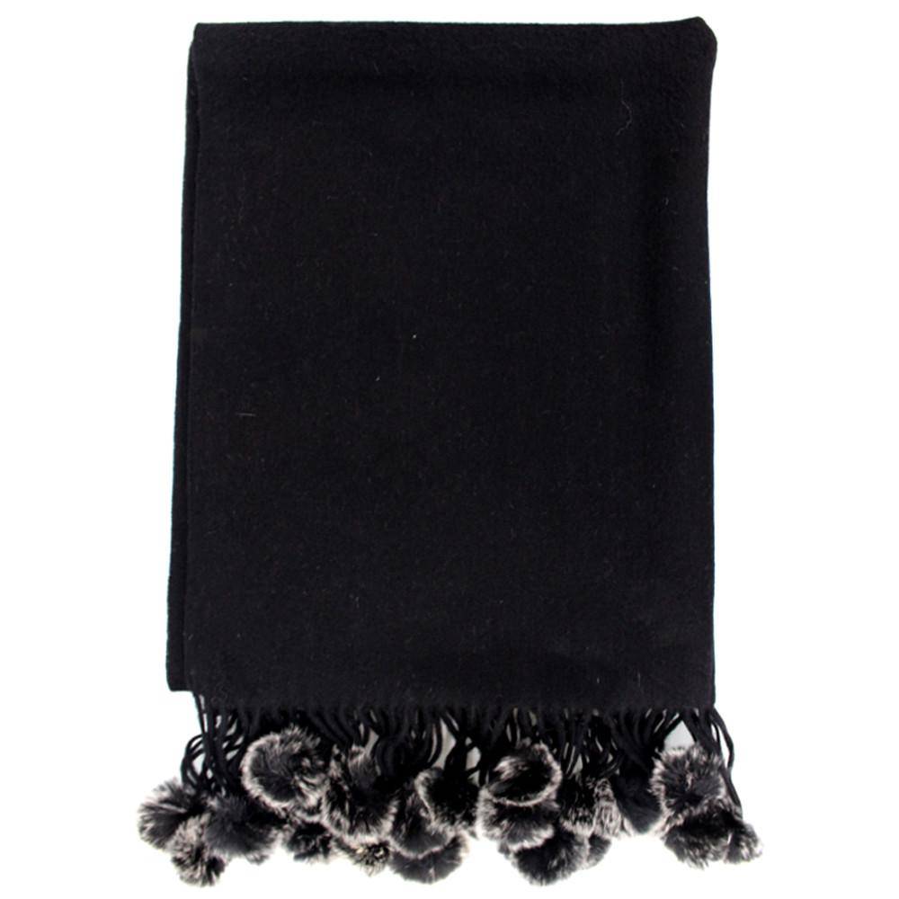 Black Snow Wrap with Rabbit Fur Pom Poms - Women's Clothing & Accessories - La Fiorentina