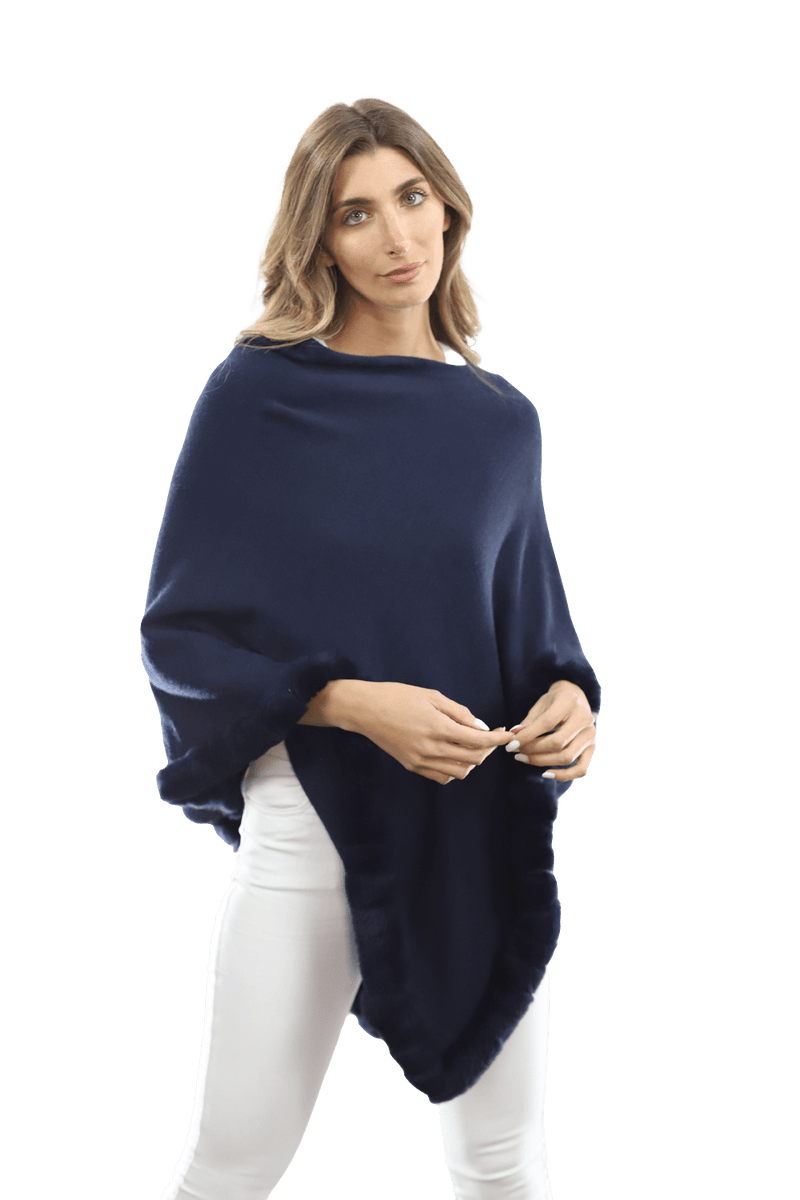 Poncho with Rex Rabbit Trim-Navy | La Fiorentina