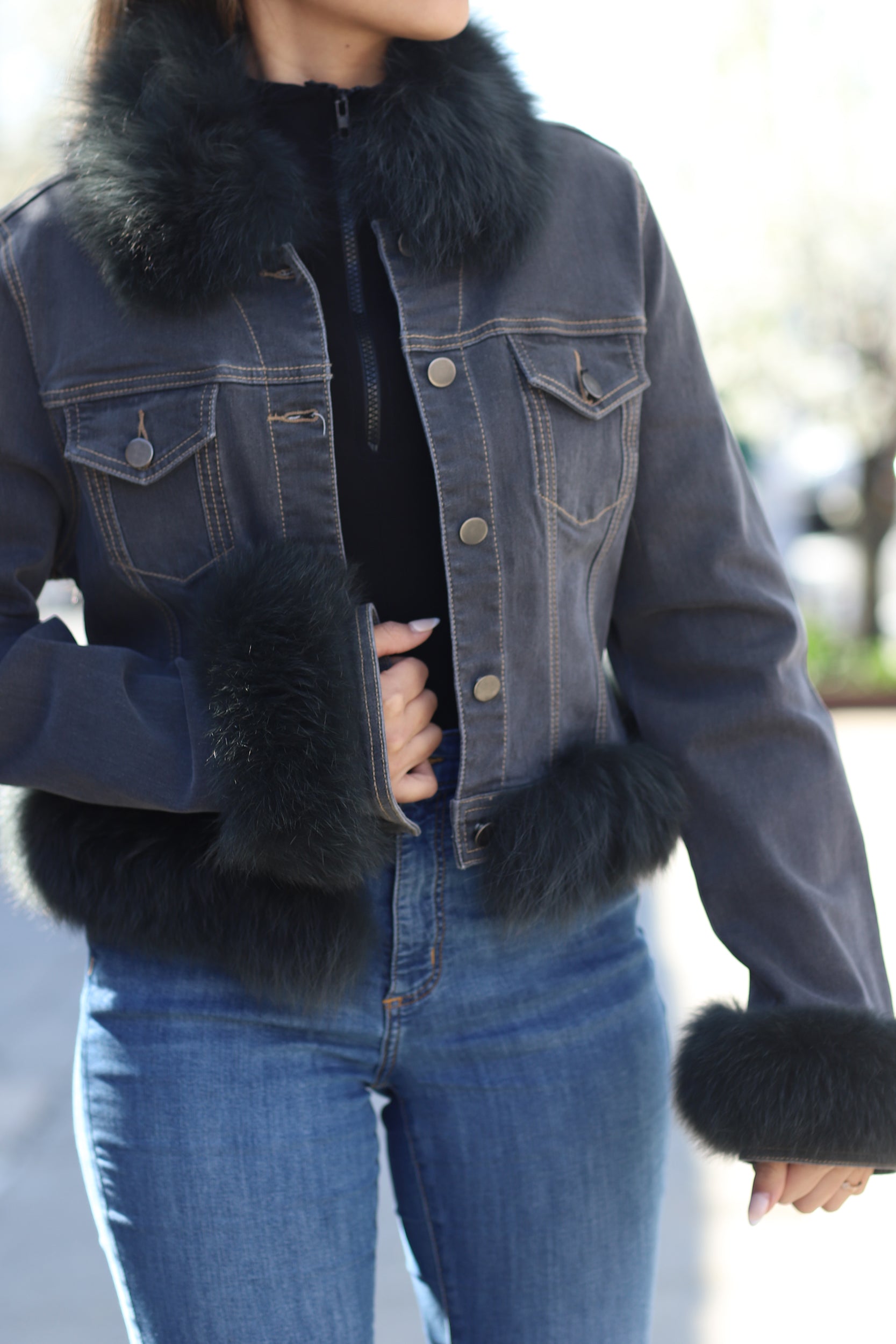 Black Faux Fur Trim Denim Jacket | Justyouroutfit
