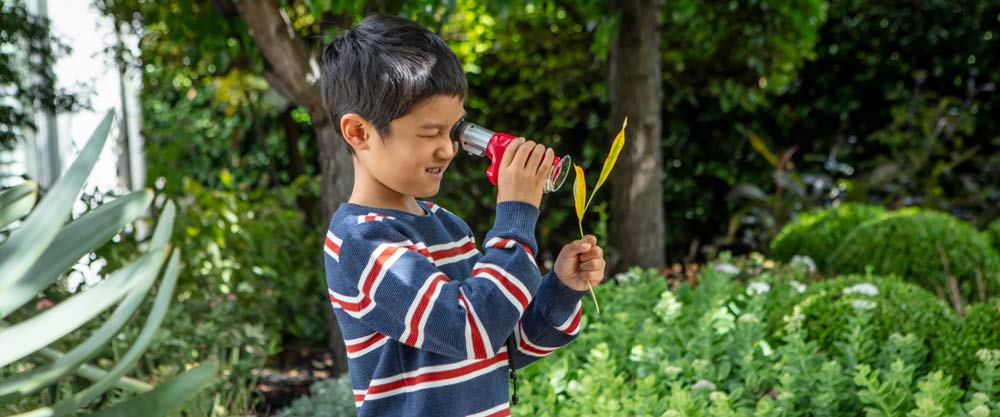 Tiger Tribe Explorer Microscope Set - Boy holding microscope outdoors inspecting a leaf