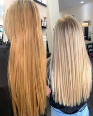 Before and After: first image with brassy, stringy, discolored blonde hair. Second image of brighter blonde with increased manageability