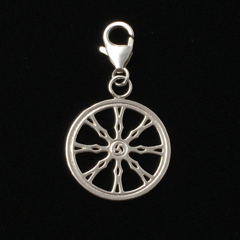 Michele Benjamin Commission of Auspicious Wheel Charms by Siddhartha School Project, Ladakh India (USA HQ). Sterling Silver and Rhodium plated white brass charms with lobster clasp closure.