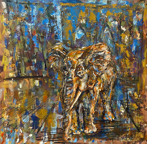  Michele Benjamin "Elephant on Brooklyn Bridge" 2023 Acrylic on Silk, 17 x 17 inches