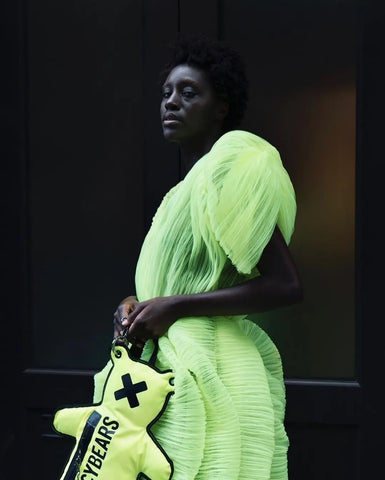 Neon yellow fashion outfit bag dress