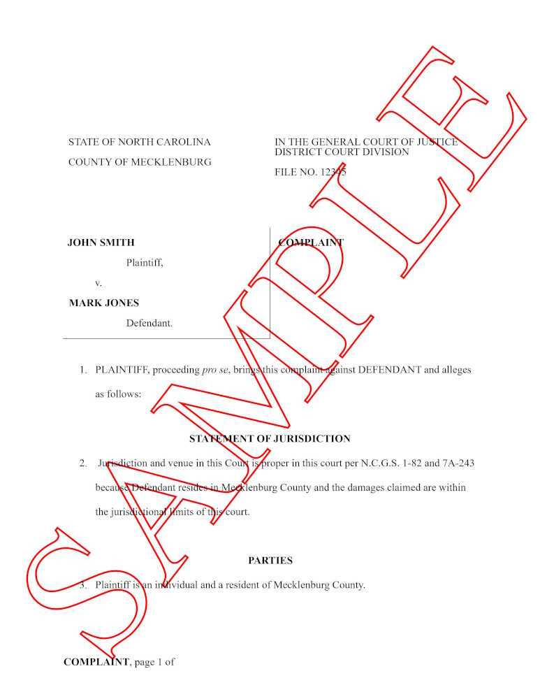 North Carolina civil complaint