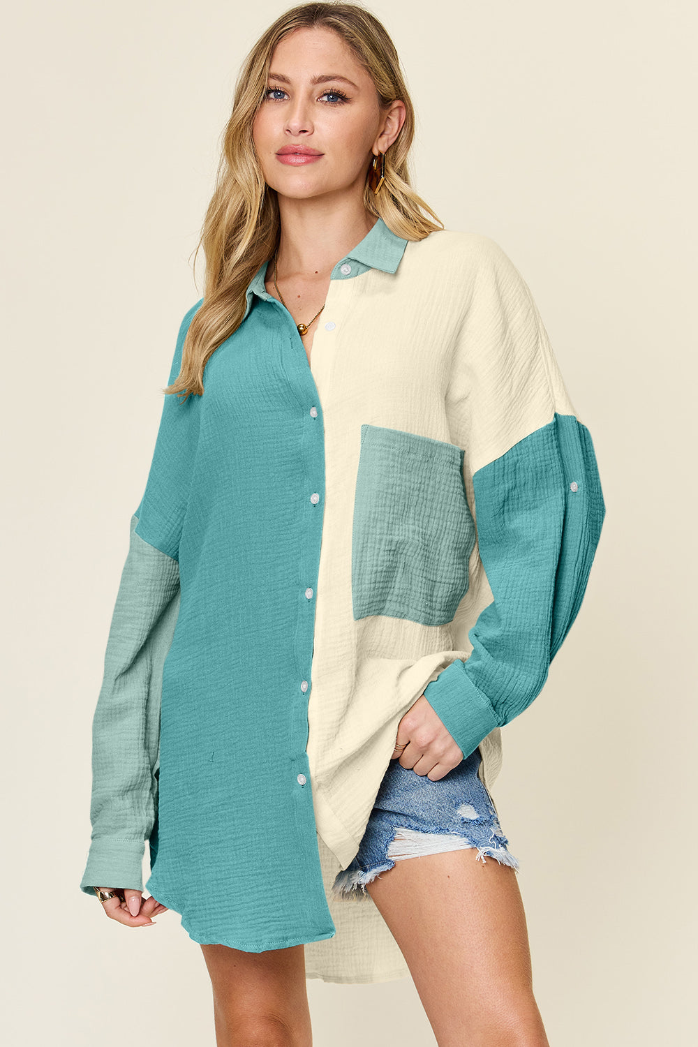 Women's Full Size Pocketed Texture Button Up Shirt in 5 Colors