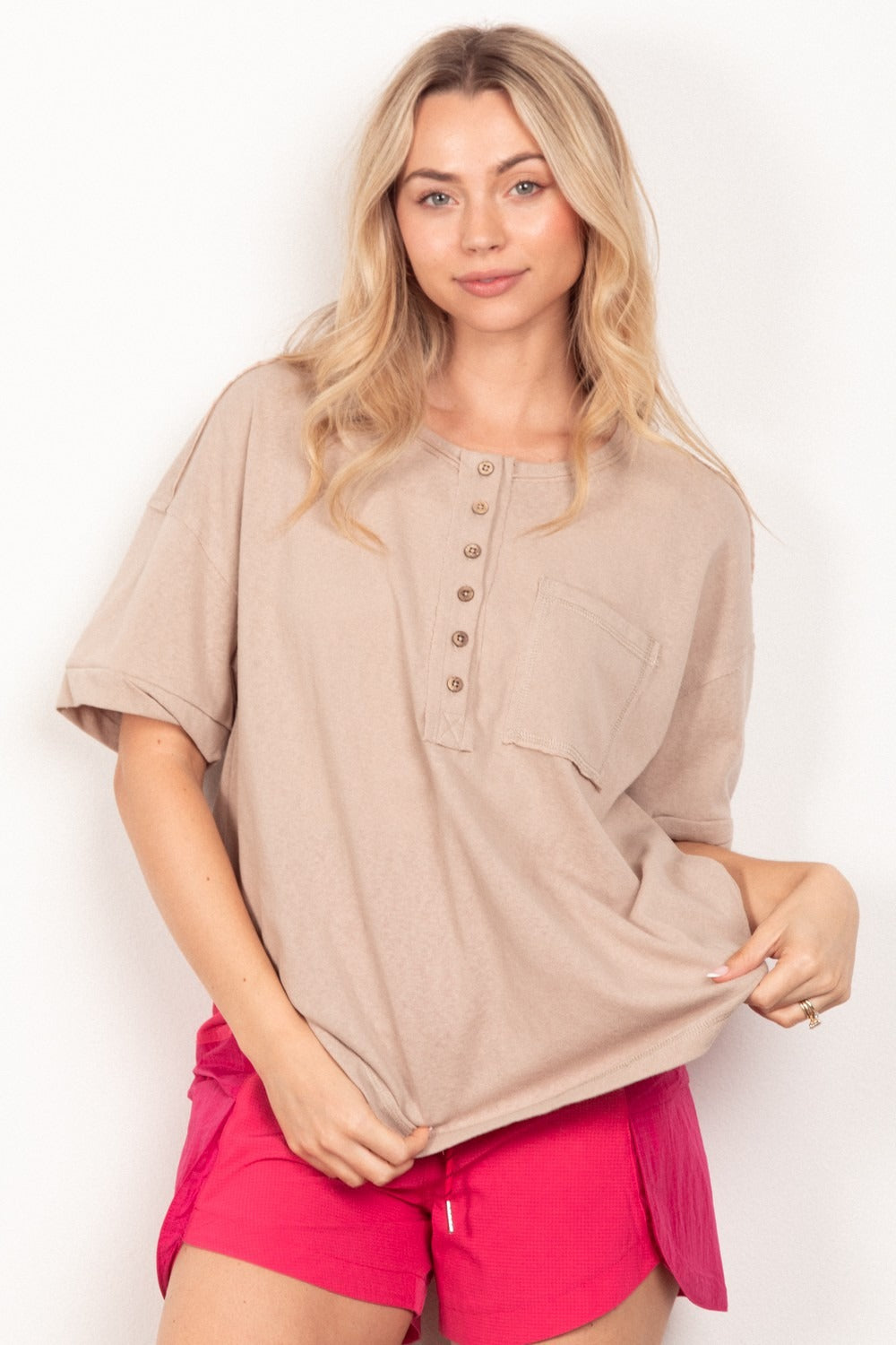 VERY J Twisted Sleeve Band Half Button Top, Taupe Brown