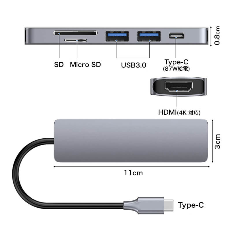 6in1 Type-c 変換アダプタ - HDMI SDカード MicroSD USB Type-c 対応