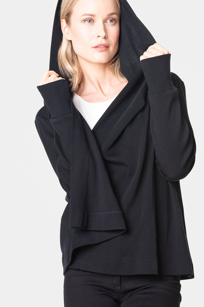 black hooded wrap coat