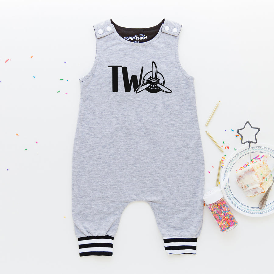 Gray "Two" Airplane Themed Birthday Romper with Striped Cuff