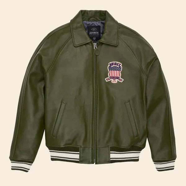 Men’s Olive Varsity Bomber Avirex Leather Jacket