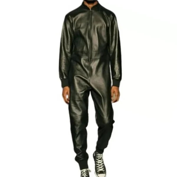 Men’s Ribbed Collar Real Sheepskin Black Leather Jumpsuit
