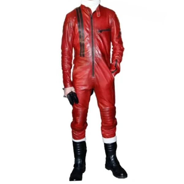 Men’s Trendsetting Racing Real Sheepskin Red Leather Jumpsuit