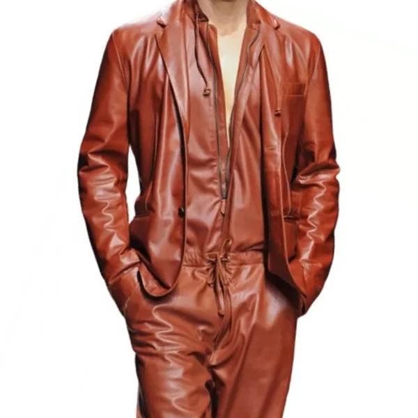 Men's Glamour Real Sheepskin Brown Leather Jumpsuit With Blazer