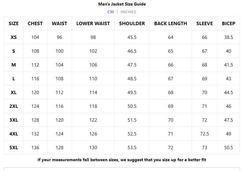 Mens Leather Jackets Size Chart