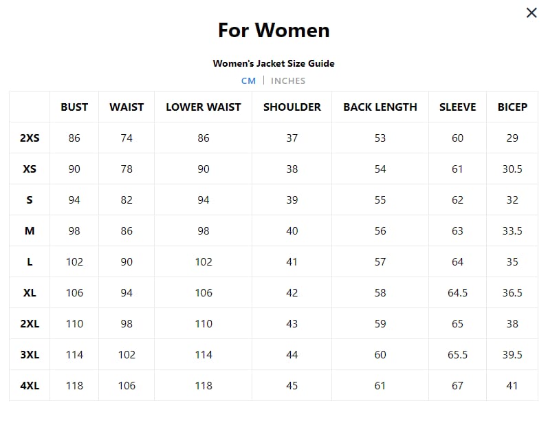 Womens Leather Jackets Size Chart