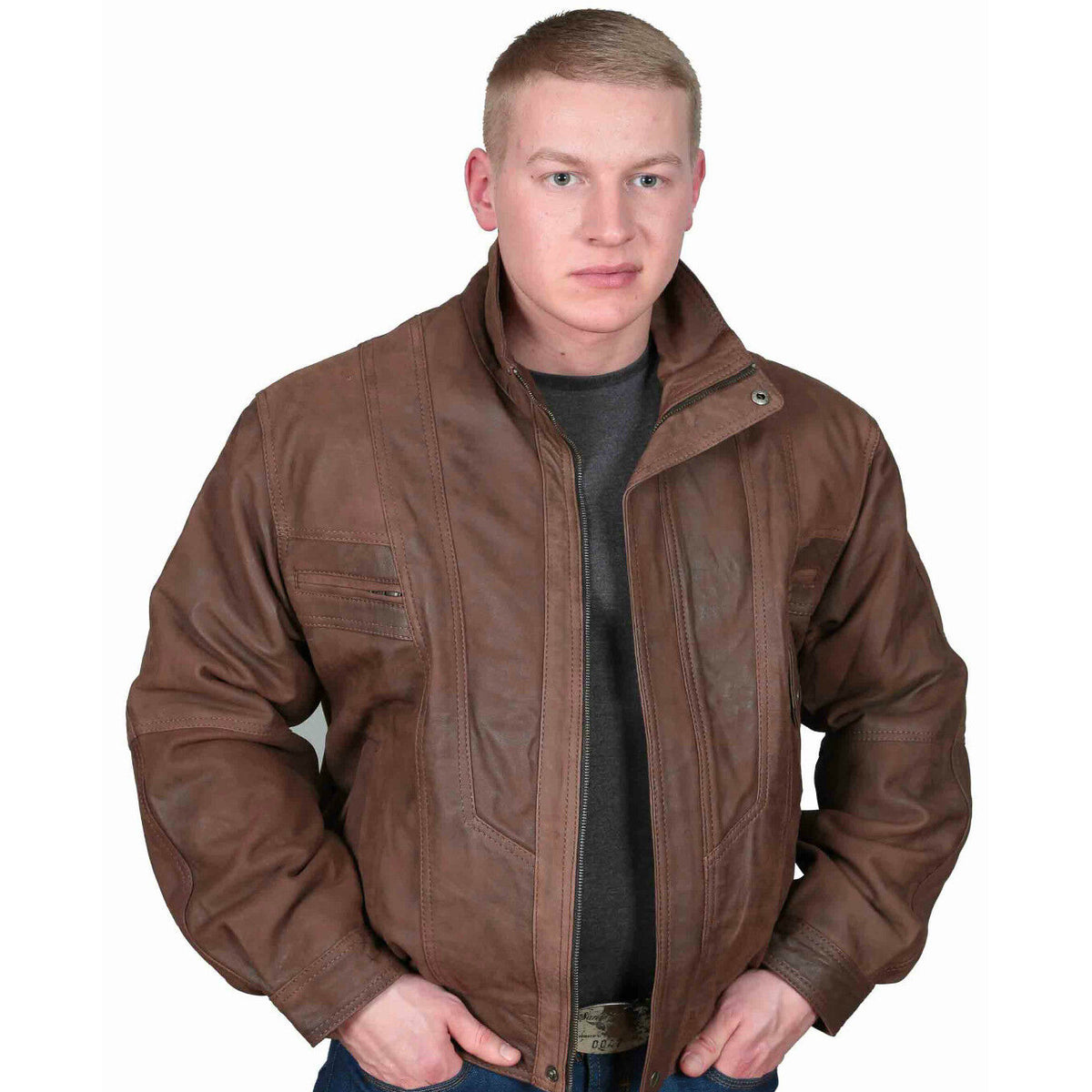 Shop Brown Antique Nubuck Leather Bomber Jacket for Gentlemen