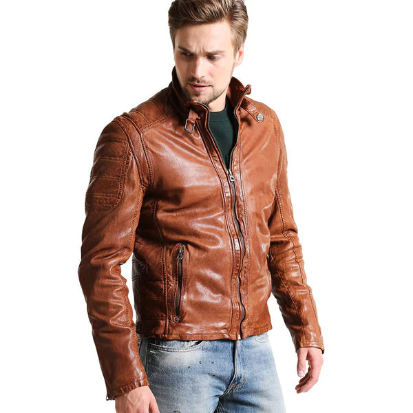 Mens Camel Brown Leather Biker Jacket