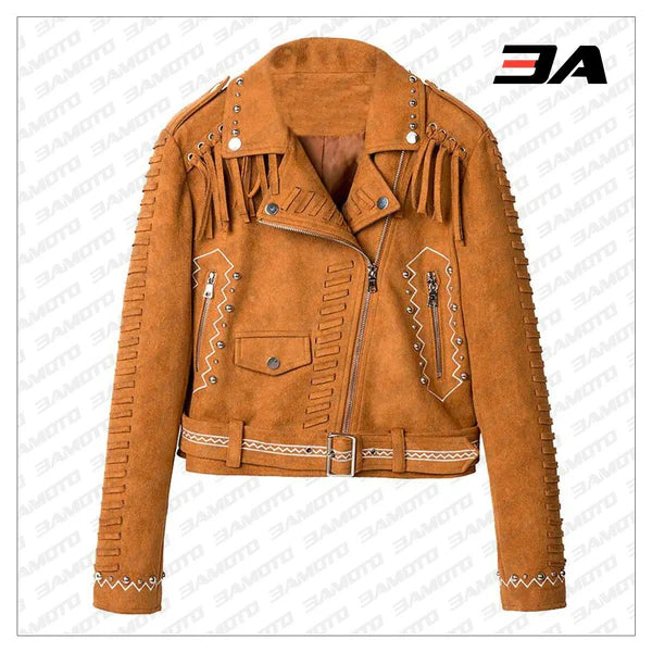Camel Brown Fringed Leather Studded Biker Jacket