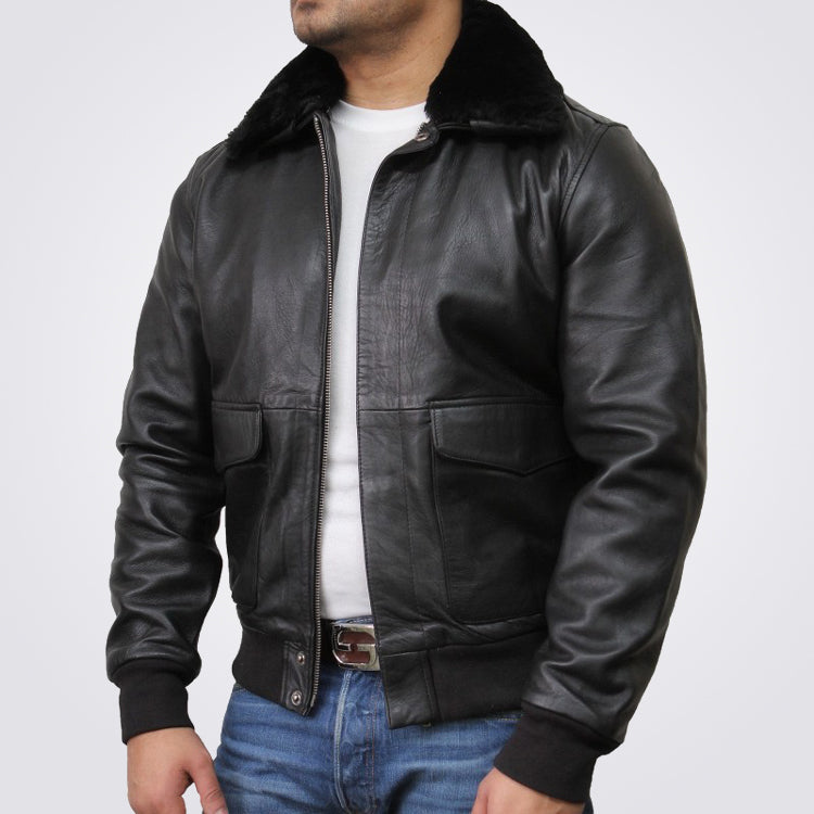 Shop Men's Black Leather Bomber Jacket | Free Shipping