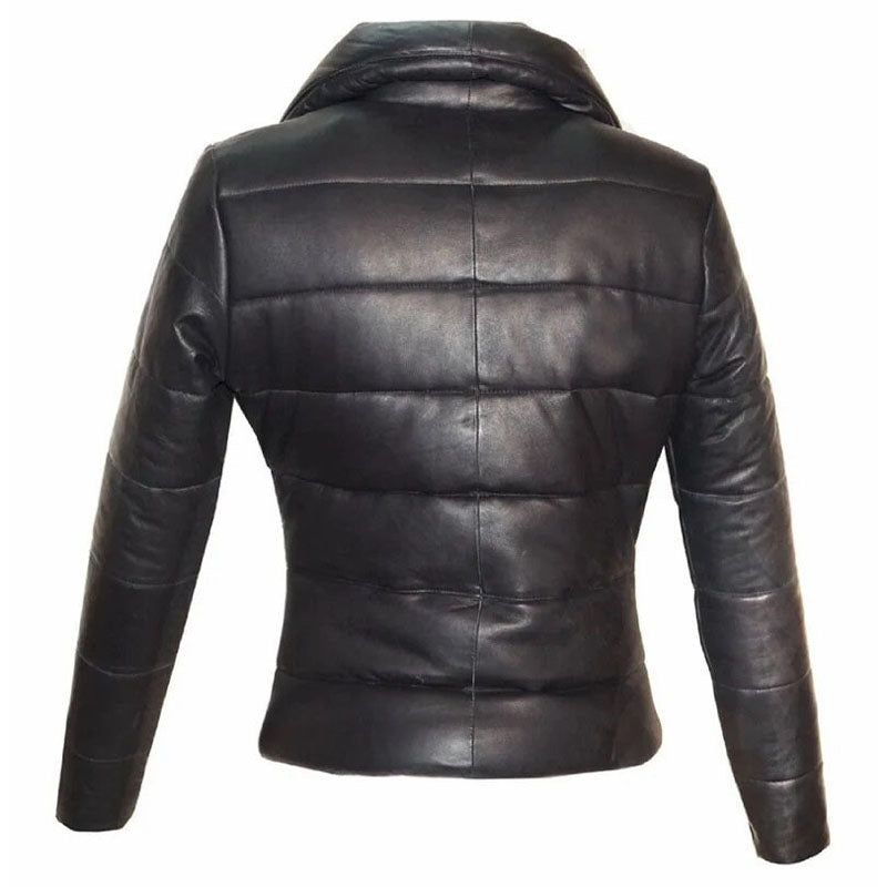 New Women Black Puffer Leather Jacket