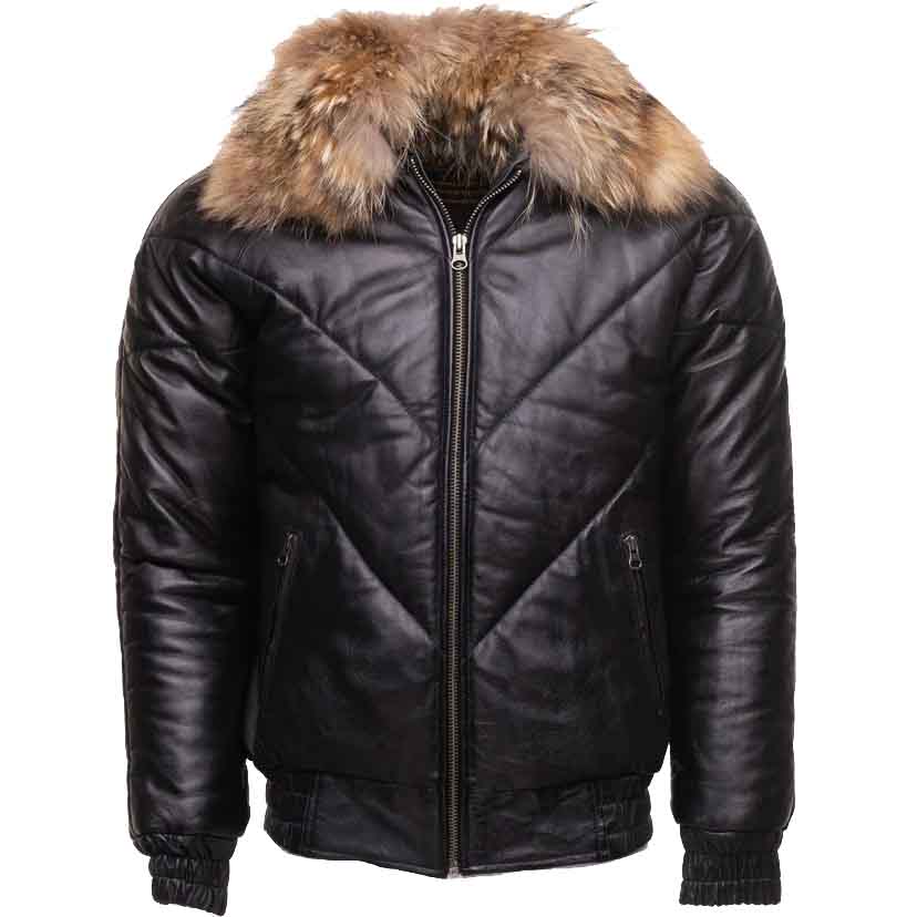 Mens Genuine Leather Winter Puffer Jacket Black With Fur Hood