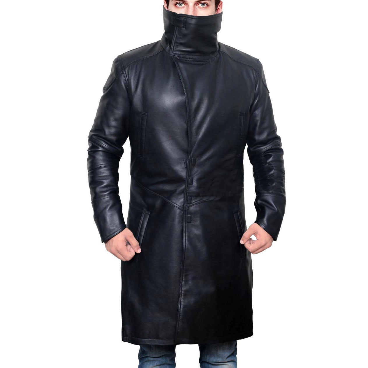 Mens Sherpa Black Trench Leather Coat | Blade Runner Coat Jacket on sale