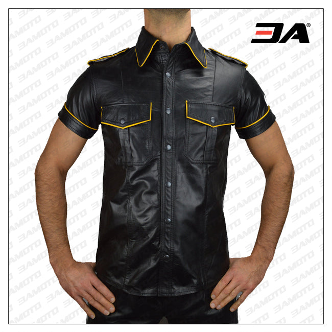 Buy Leather Shirt with Yellow Piping Online with Free Shipping