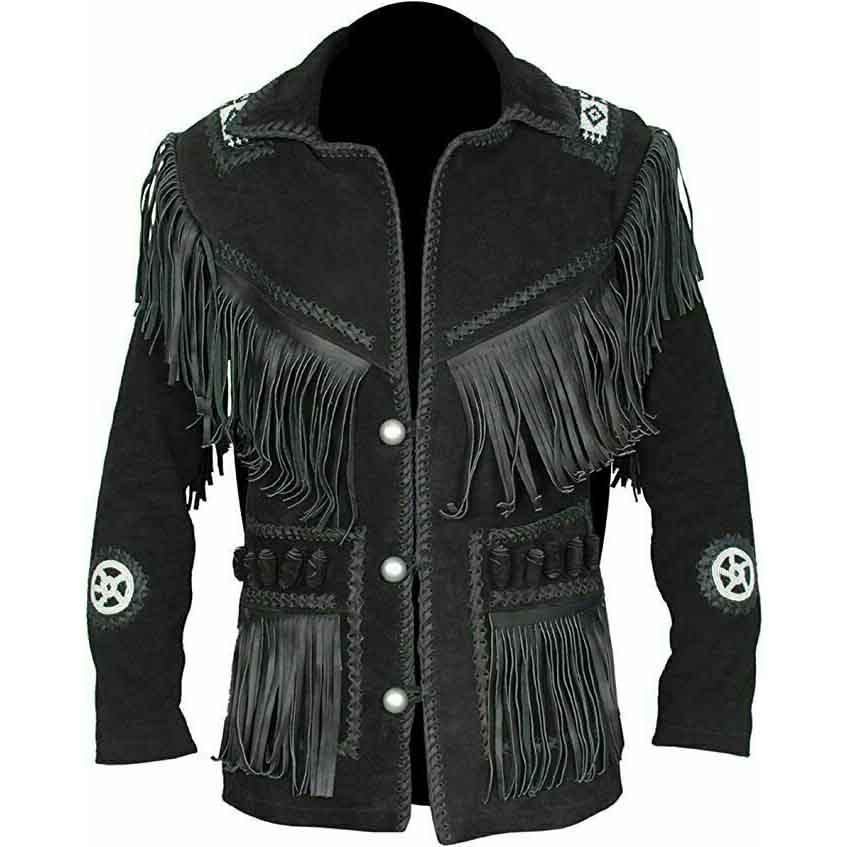 Mens Western Hunter Style Cowboy Leather Jacket With Fringe