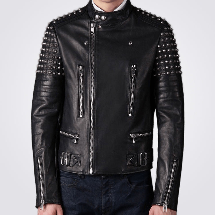 Mens Black Punk Style Motorcycle Studded Leather Jacket