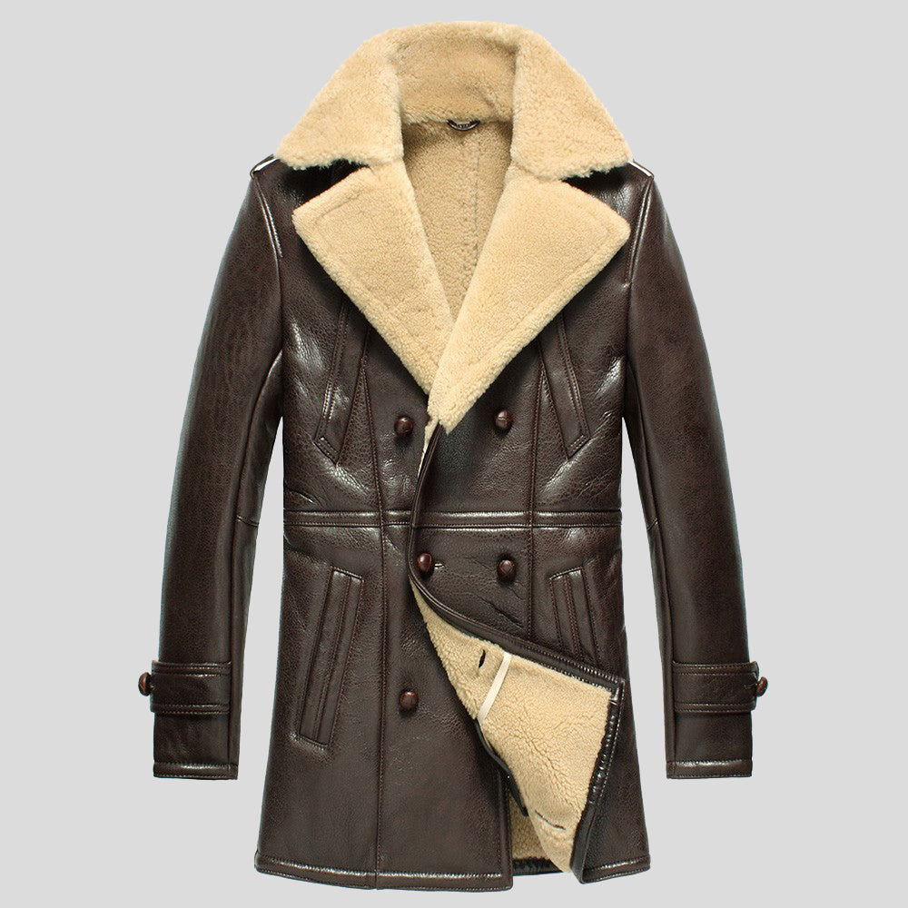 Mens Double Breasted Shearling Sheepskin Coat - 3amoto