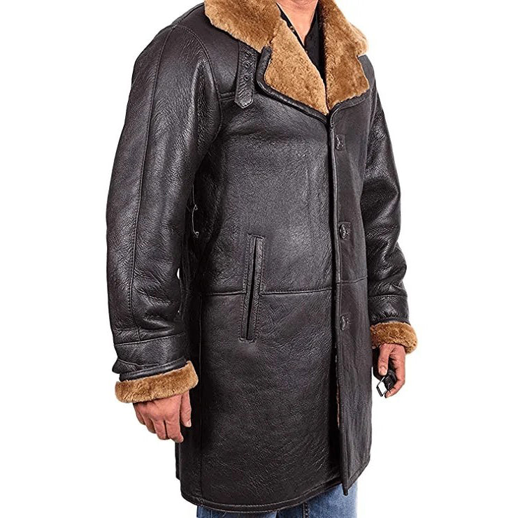 Mens Shearling Leather Warm Duffle Sheepskin Trench Coat 