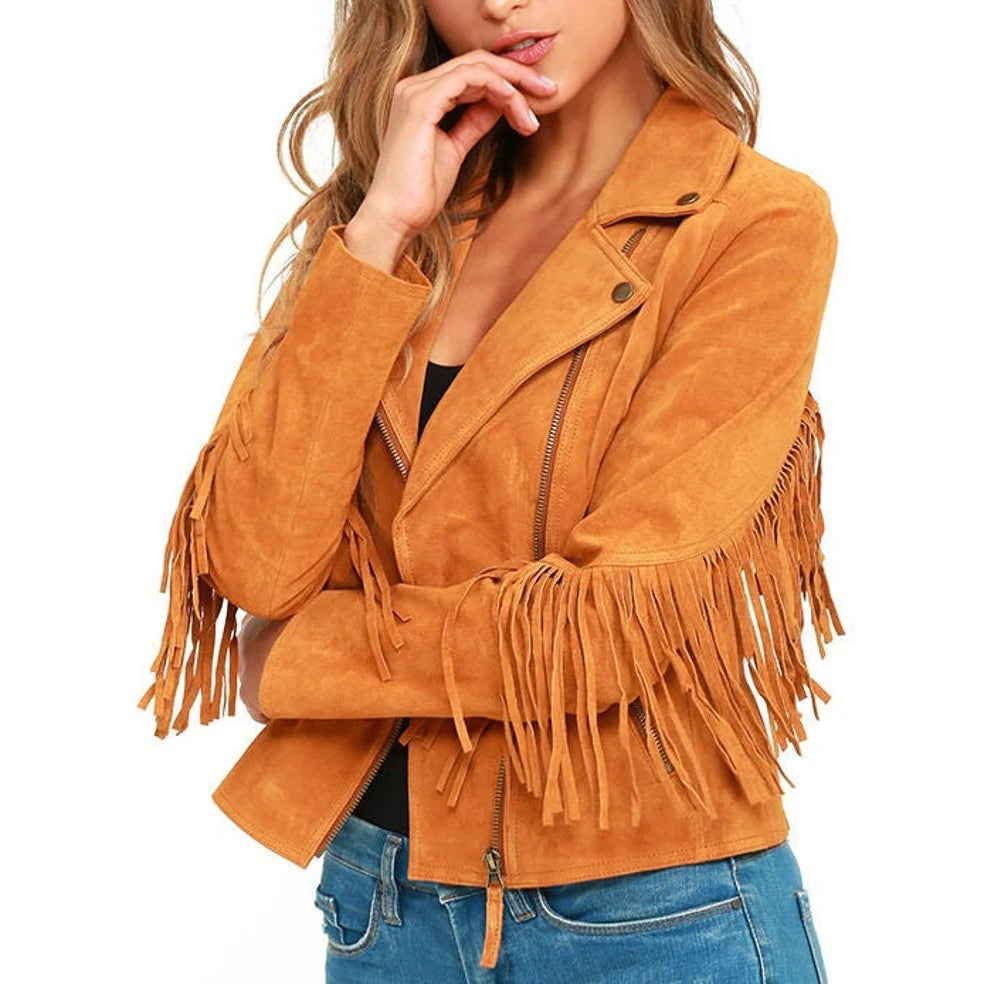 Women's Pure Brown Genuine Suede Leather Fringed Jacket