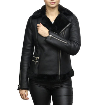 Women B3 Bomber Raf Aviator Flying Sheepskin Shearling Black Leather J