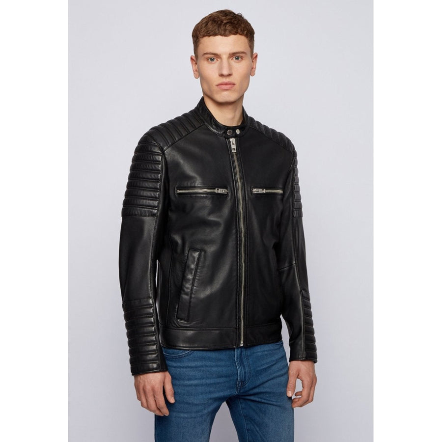 Buy Mens Black Leather Crew Neck Biker Jacket on Sale