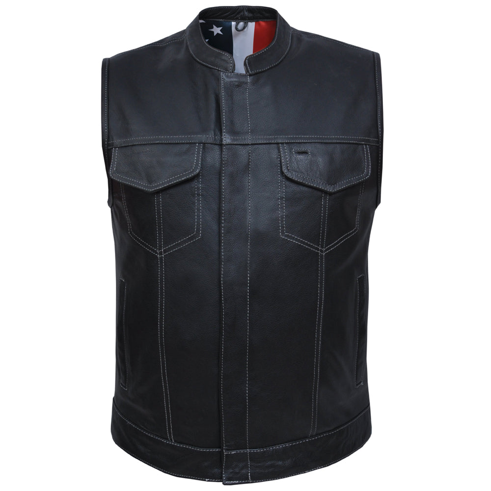 Men's Leather Motorcycle Club Vest with USA Flag Liner | Mens Vest USA