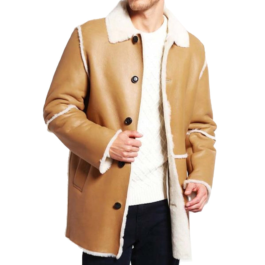 Best Mens Tan Brown Shearling Car Coat For Sale