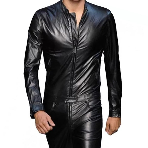 Mens Trendy Real Sheepskin black Leather Jumpsuit