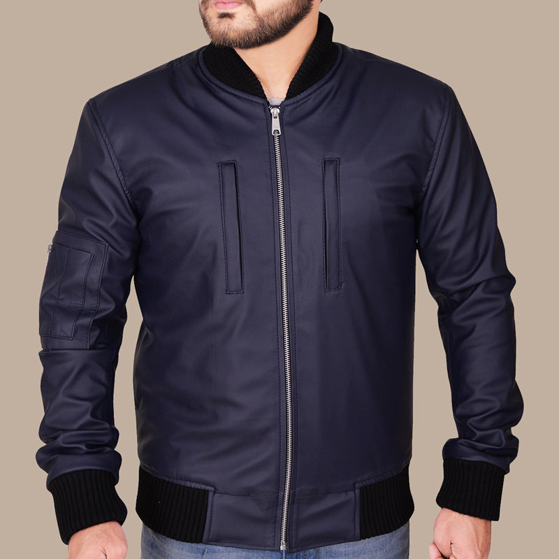 Navy Blue Varsity Leather Bomber Jacket for Men - Blue Leather Jacket